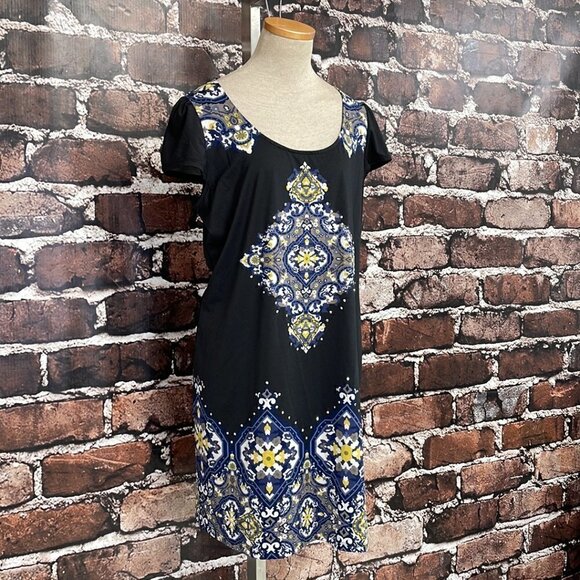 INC International Concepts Midi Dress Short Sleeve Paisley Black Blue Size Large - Picture 8 of 16